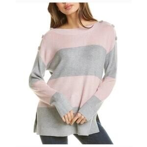 NWT Vince Camuto gray pink stripe ribbed sweater EXTRA-small buttons shoulder XS